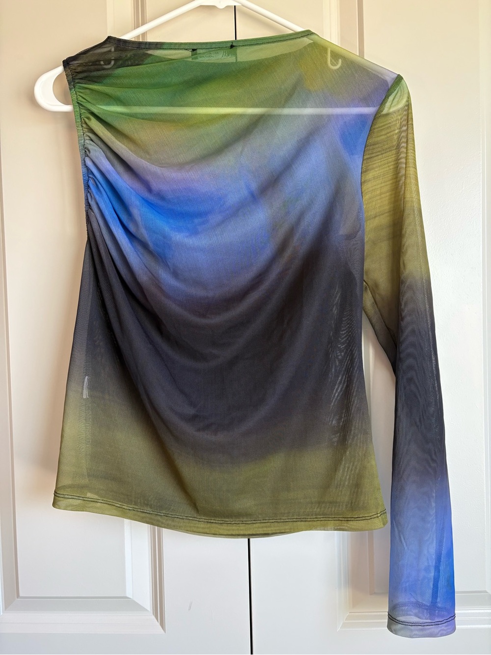 Zara Tulle Printed Asymmetric Top One Sheer Sleeve Green Black Blue Size Large - Picture 2 of 9